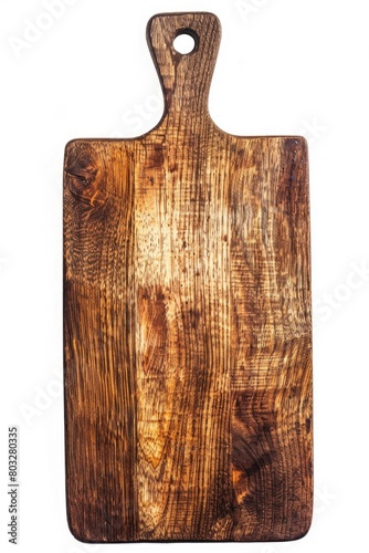 A wooden cutting board placed on a clean white surface. Ideal for kitchen and cooking concepts