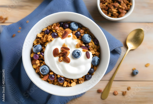 A bowl of granola topped with yogurt and blueberries with spoon on a wooden table