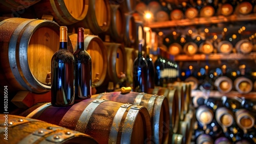 Traditional winery cellar filled with barrels and bottles of wine. Concept Winery Cellar, Wine Barrels, Wine Bottles, Traditional Winery, Wine Tasting