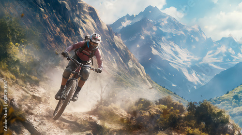 Dynamic image of a mountain biker navigating a steep descent on a beautiful mountain trail with a scenic landscape backdrop