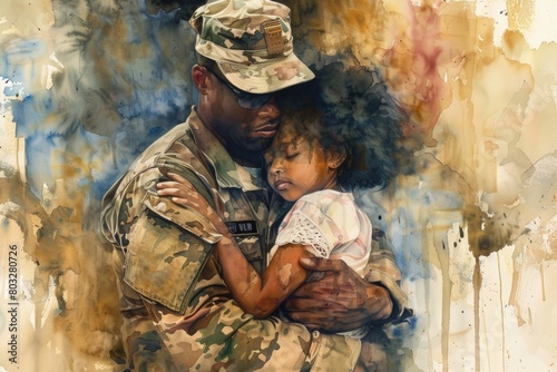 A touching image of a soldier holding a child. Suitable for patriotic themes or family concepts