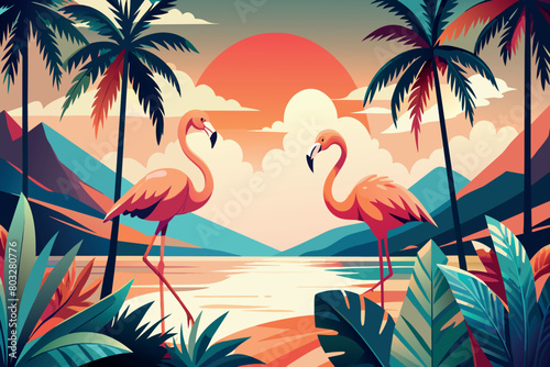 Two flamingos standing by the water as the sun sets among palms
