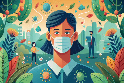 A woman is walking in the park wearing a face mask, following safety measures during the pandemic