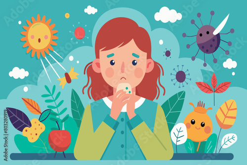 A woman with allergies surrounded by pollen and spring elements