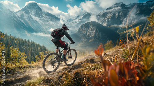 An adventurous mountain biker traverses a rugged trail with the stunning Canadian Rockies as a backdrop, showcasing nature's grandeur