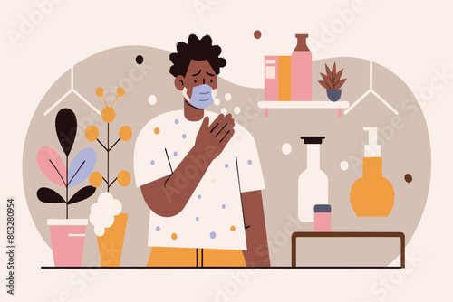 Man touches his neck feeling unwell at home