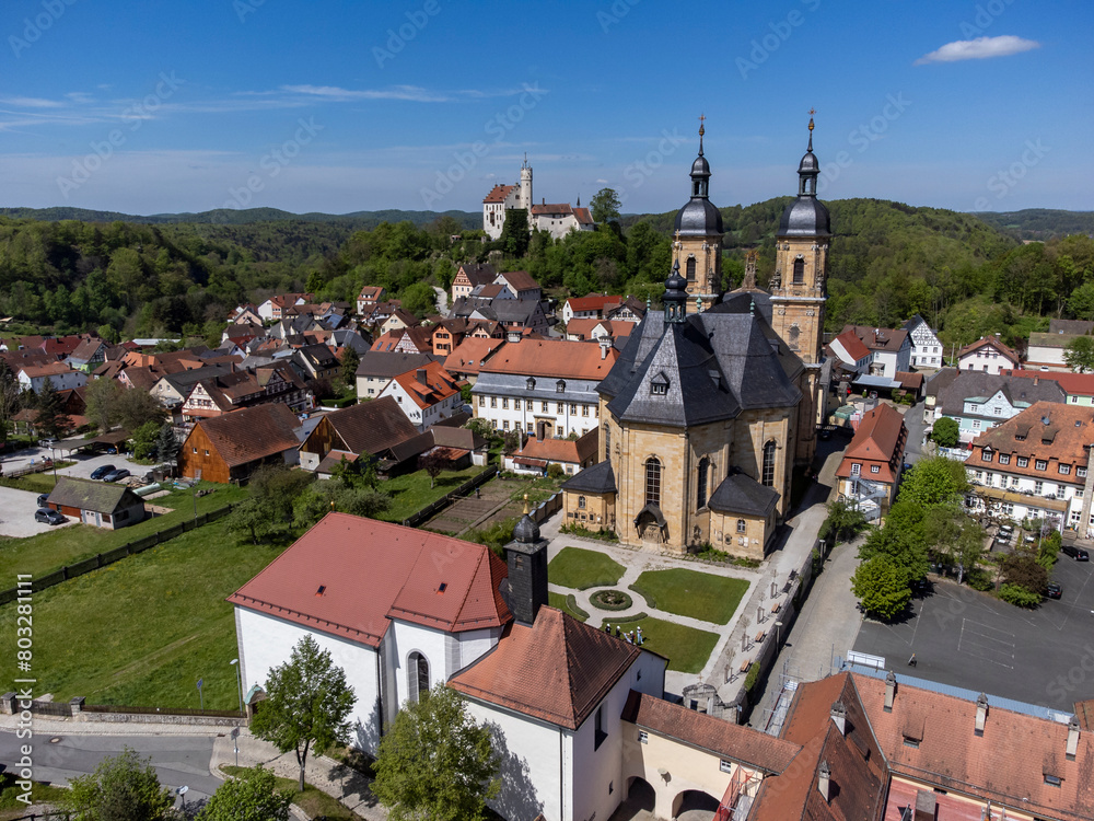 View of the basilica with Goessweinstein Castle in Franconian Switzerland, Bavaria Germany