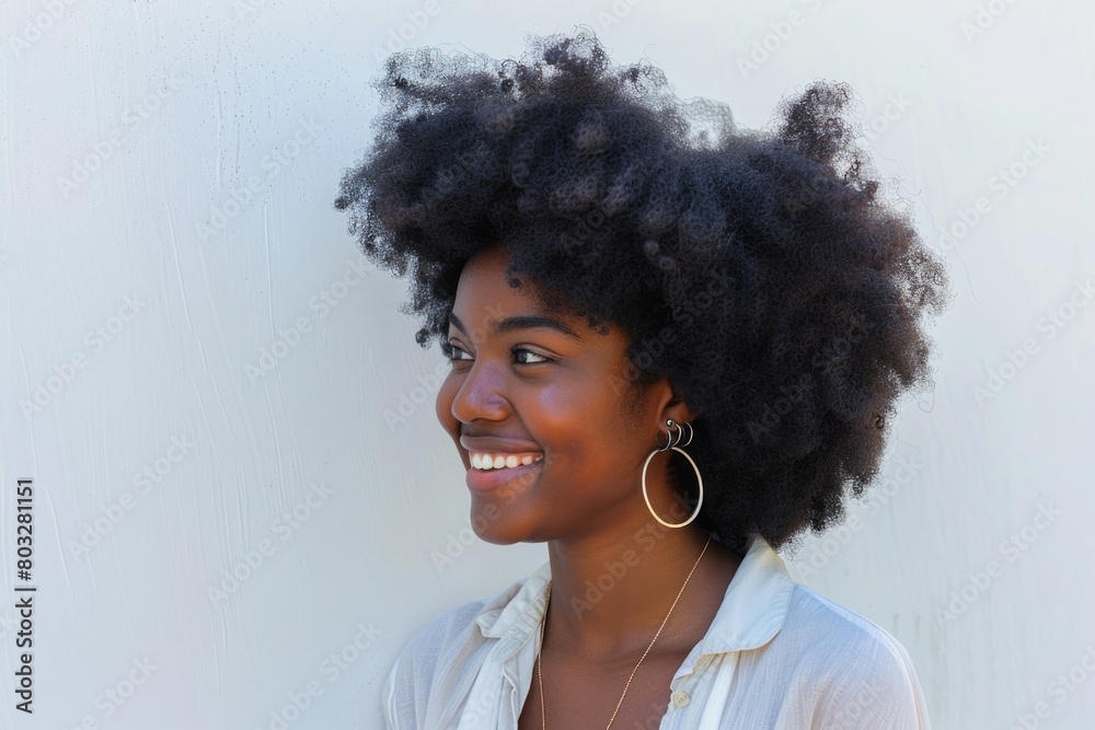 Portrait of a woman with afro hair smiling for the camera. Suitable for lifestyle and beauty concepts Portrait of a woman with afro hair smiling for the camera. Suitable for lifestyle and beauty concepts