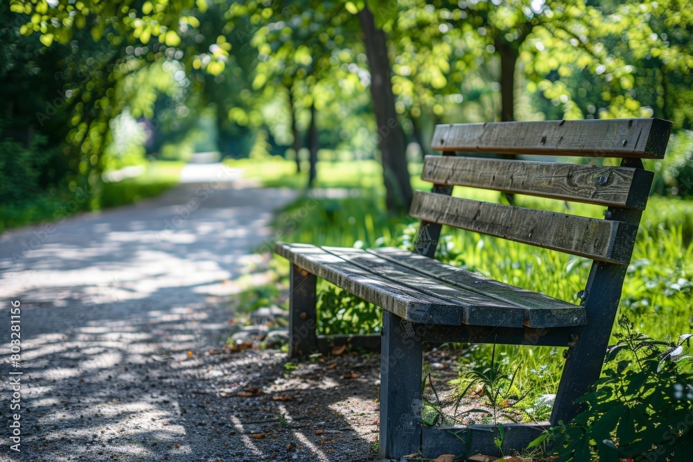 A wooden bench placed on the side of a road, offering a resting spot for passersby A wooden bench placed on the side of a road, offering a resting spot for passersby