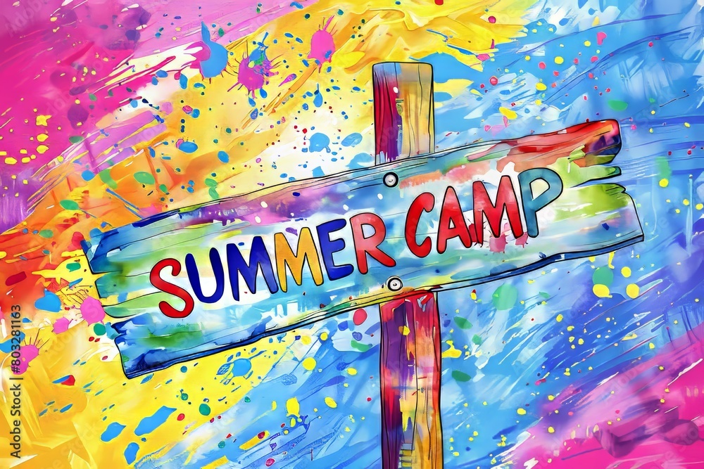 Vibrant summer camp sign with colorful brush strokes for a lively and inviting atmosphere Vibrant summer camp sign with colorful brush strokes for a lively and inviting atmosphere