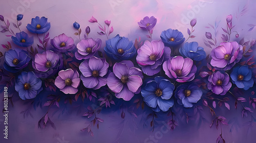 A Painting Showcasing Beautiful Purple Flowers ,
Purple flowers on a dark background
