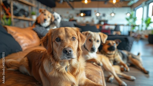 Five dogs of different breeds sitting on a couch and looking at the camera. © Nic