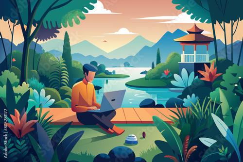 Man working on his laptop by a tranquil lake with mountains in the background