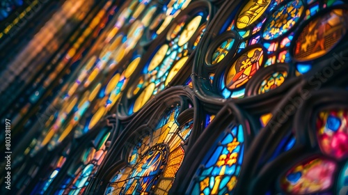 Artistic close-up of a colorful stained glass window radiating vibrant lights photo