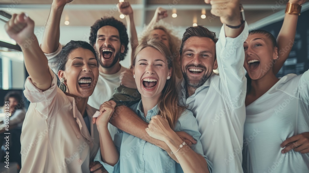 A group of colleagues celebrating a successful project. They are all cheering and hugging each other, and they look like they are really proud of what they have accomplished. A group of colleagues celebrating a successful project. They are all cheering and hugging each other, and they look like they are really proud of what they have accomplished.