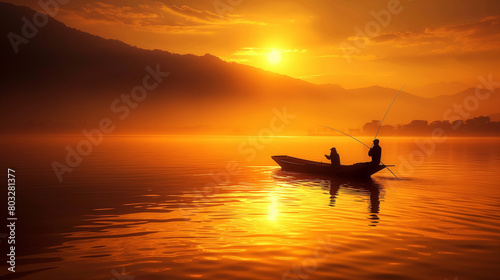A serene image of fishermen on a boat with poles silhouetted against a vibrant sunrise over mountains