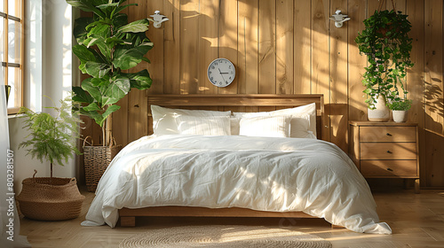 A Quartz Clock in the Shape of a Rectangle ,
 Bright and cozy modern bedroom with wooden large bed. smoothing morning light with modern decoration