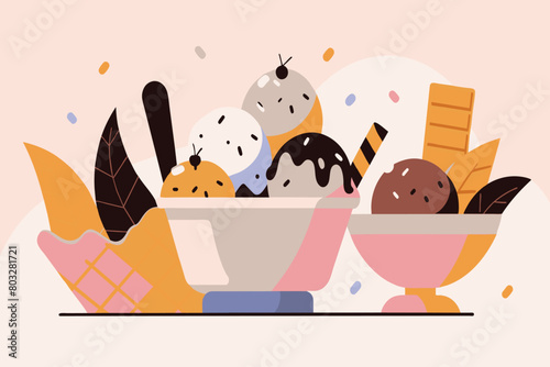 Delicious variety of ice cream served with sweet accompaniments