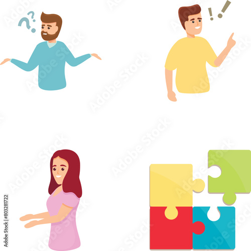 Problem solving icons set cartoon vector. People thinking and decision making. Brainstorm concept