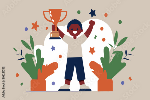 Boy with a trophy surrounded by stars and plants, celebrating