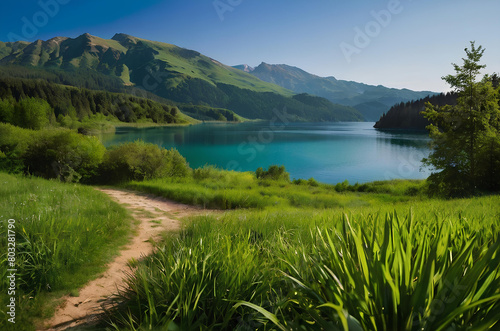 lake in the mountains. The large, clear lake surrounded by tall mountains, bathed in sunlight, creates a sense of calm and relaxation. generative ai