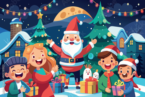 Wallpaper Mural Kids with gifts enjoying a festive night with Santa and a snowman Torontodigital.ca