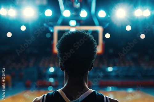 Basketball player standing on court facing hoop with arena lights in the background.