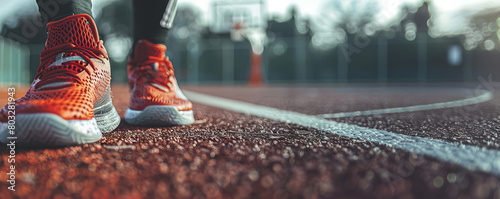 Close-up of red basketball shoes on the court, hoop in the background. photo