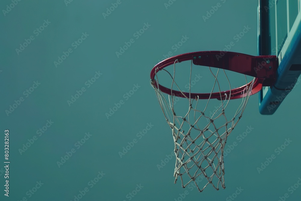 A basketball hoop against a teal background with copy space on the right.