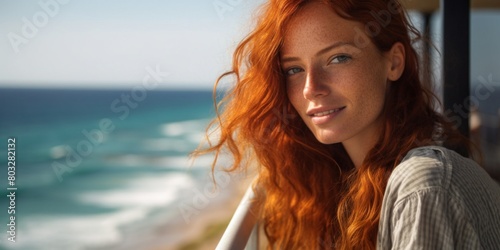 A cute red-haired girl with a beautiful smile poses near the coast on the pier, close-up portrait, Generative AI.