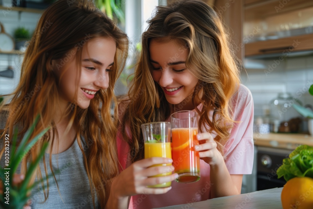 Two young women holding glasses of orange juice. Perfect for health and wellness concepts Two young women holding glasses of orange juice. Perfect for health and wellness concepts