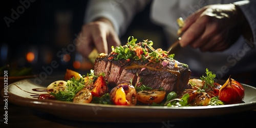 Close up of male chef's hands holding a plate with beef steak