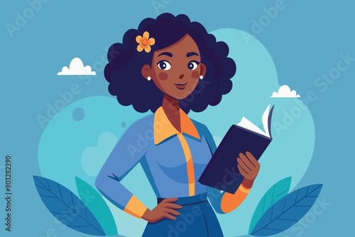 A smiling young lady engrossed in a book, with nature as her backdrop