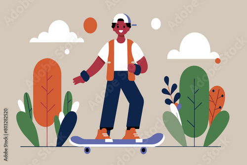 A content skateboarder enjoys a ride among colorful plants