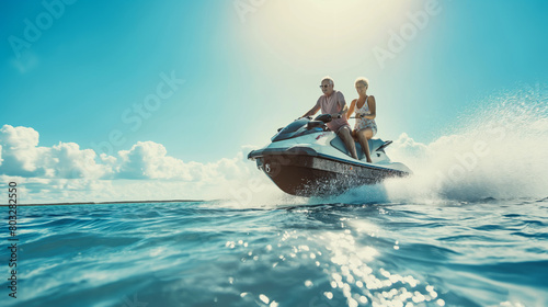 A man and woman are speeding over the sea on a jet ski, spraying water in their wake on a bright sunny day with clear skies