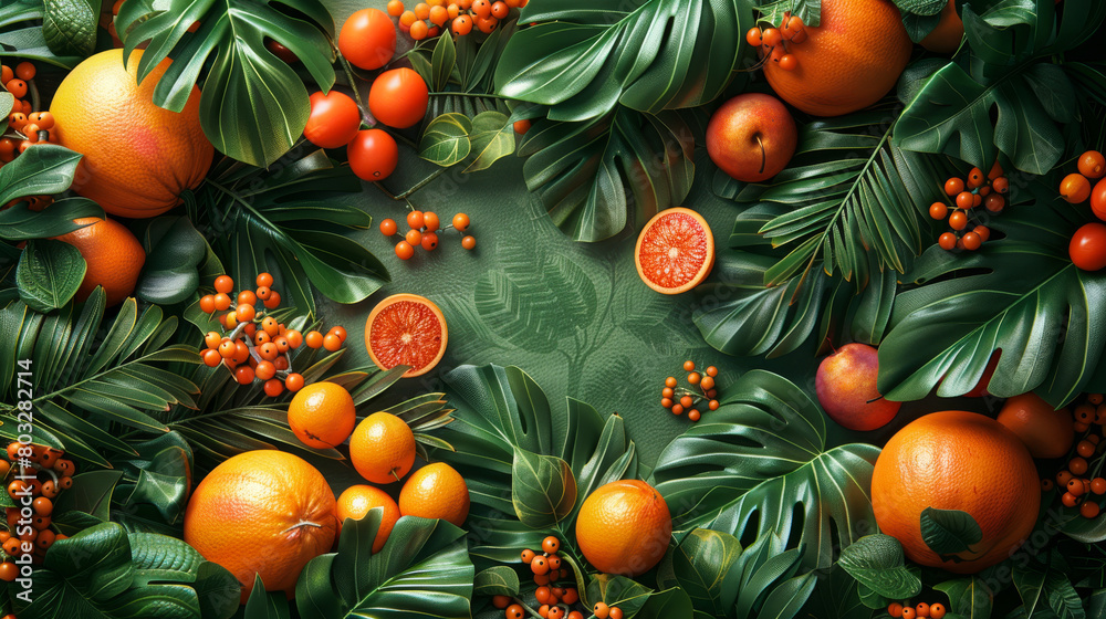 Vibrant display of various citrus fruits and berries, intricately arranged amongst lush tropical greenery, creating a fresh and natural scene. Vibrant display of various citrus fruits and berries, intricately arranged amongst lush tropical greenery, creating a fresh and natural scene.