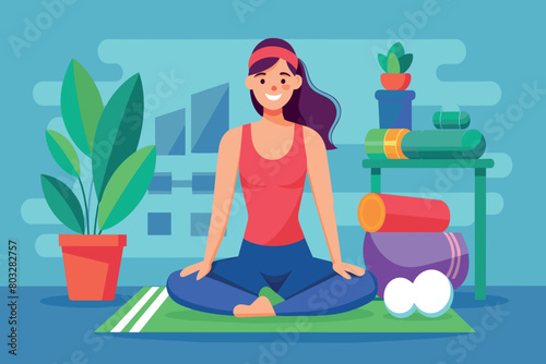 Woman in casual workout attire seated cross-legged with a serene expression