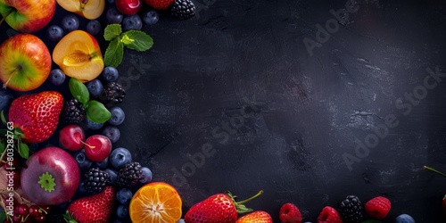 Colorful assortment of fresh berries and fruits, including strawberries, blueberries, and cherries, artfully arranged on a dark slate background. photo