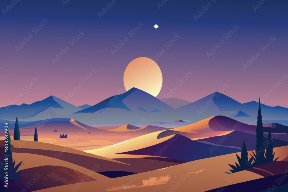 A tranquil desert at sunset with a rising moon and star A tranquil desert at sunset with a rising moon and star