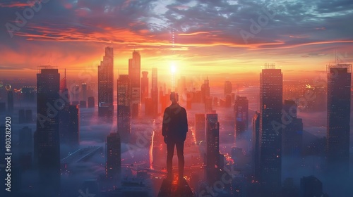 A man standing on a rooftop overlooking a city at sunset.
