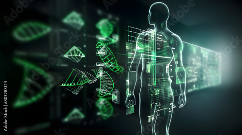 Biomedical Engineering Interface with Green and Gray Medical Devices and DNA Strands Showing Medical Technology Innovations on Dark Background