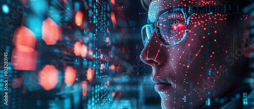 A man wearing glasses is looking at a screen with a lot of data on it. The data is represented by red and blue dots. The man's face is partially covered by the glasses. photo