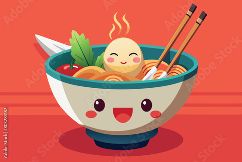 Cute animated ramen with happy-faced egg and chopsticks