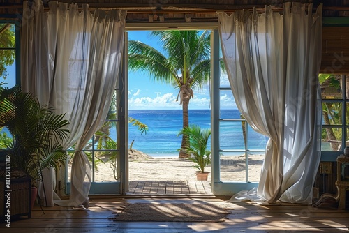 french bay windows into view of beautiful tropical beach