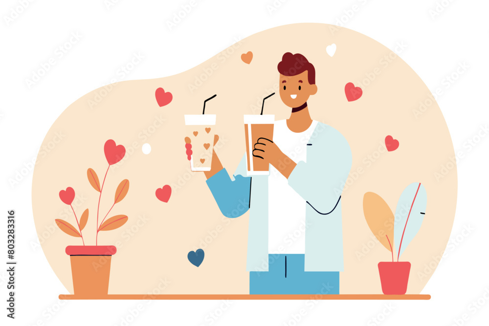 A cheerful man holding up tall drinks, garnished with heart symbols A cheerful man holding up tall drinks, garnished with heart symbols