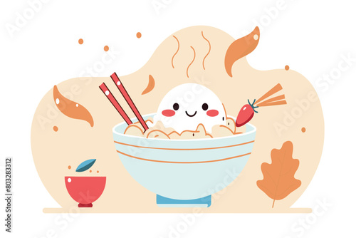 Cheerful cartoon rice ball relaxes in a steamy ramen bowl