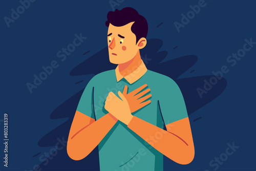 Animated man clutches his chest, showing signs of distress