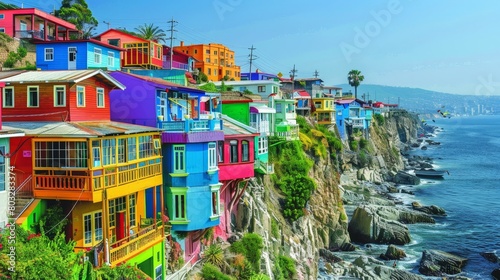 The Historic Port of ValparaÃ­so, Chile, known for its colorful clifftop homes and vibrant cultural scene, --ar 16:9 --stylize 250 Job ID: 98b50e68-a77b-4e2d-a2a7-923cbd37d95f photo