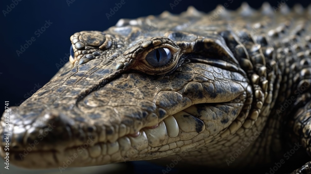 Obraz premium Intense Gaze of a Crocodile, Close up of crocodile face with Vivid Detail and Deep Blue Backdrop.