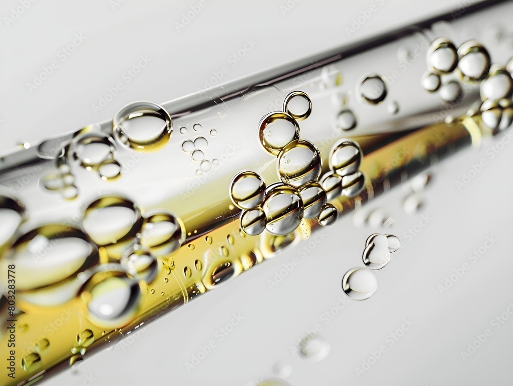 a macro image of straight dropper Pipe half filled with Oil, bubbles inside, white studio background, high quality, photo realistic,hyper realistic, cinematic composition,volumetric lighting, intricat a macro image of straight dropper Pipe half filled with Oil, bubbles inside, white studio background, high quality, photo realistic,hyper realistic, cinematic composition,volumetric lighting, intricat